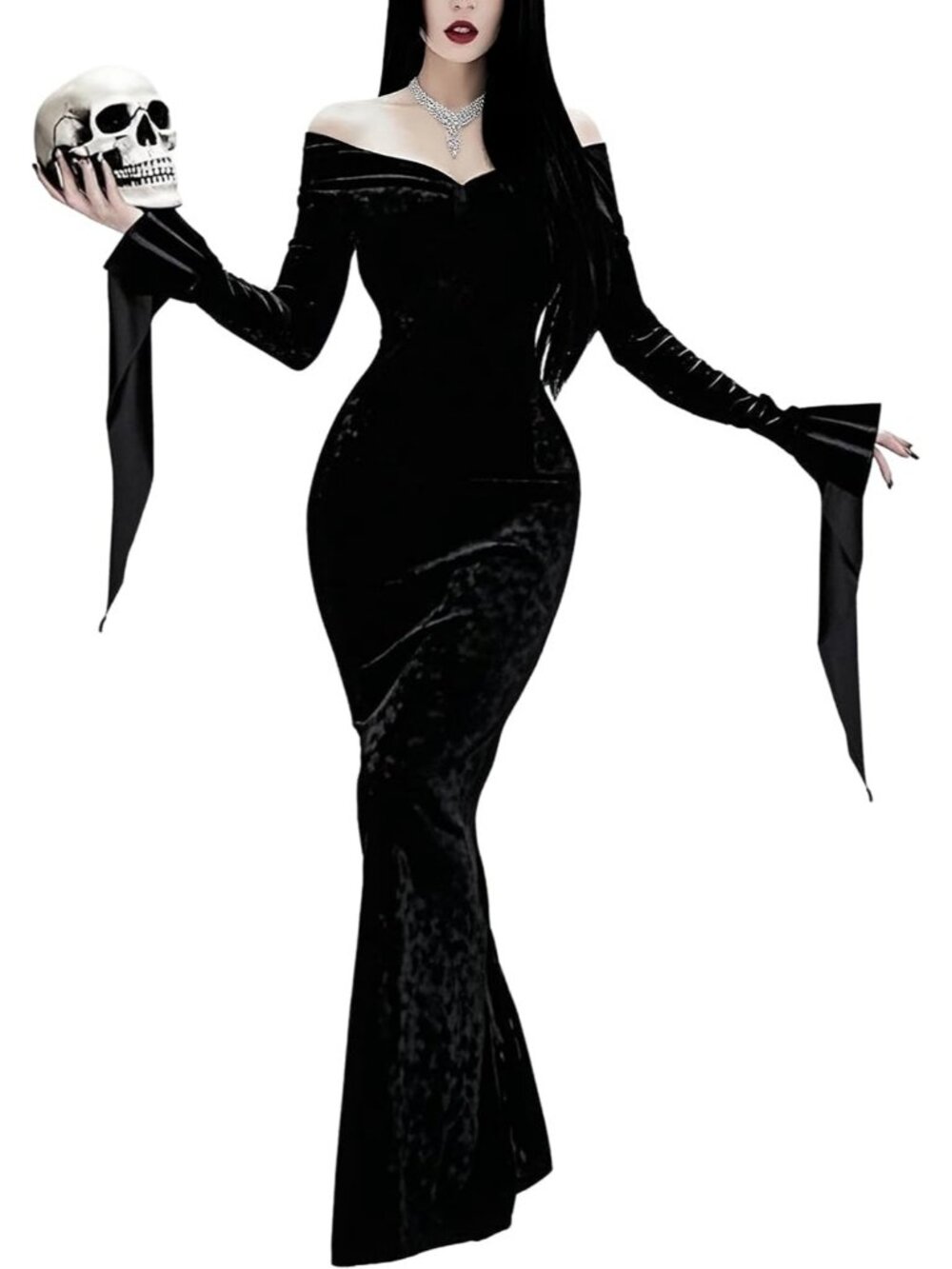 Women's Black Back Split Off Shoulder Gothic Velvet Long Dress Halloween Costume